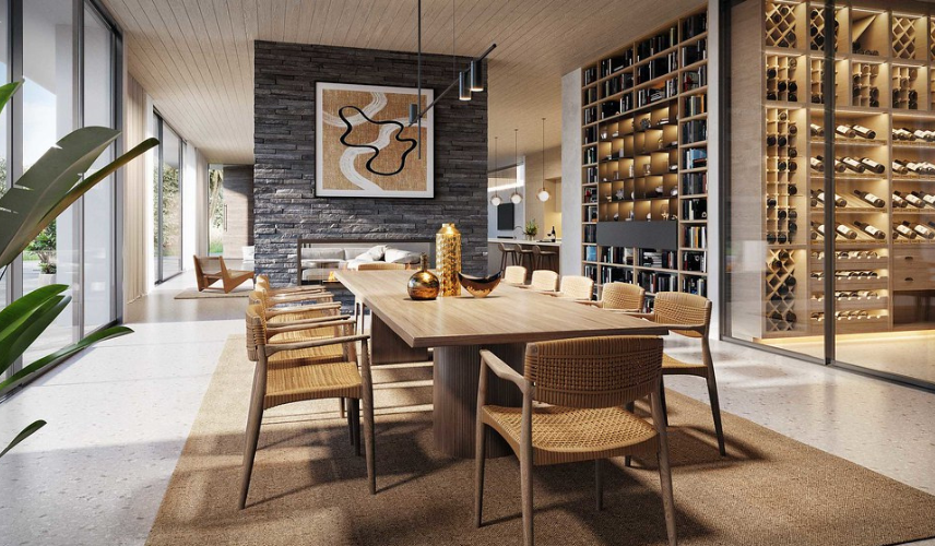 Organic modern dining room render with charcoal stone wall, rattan chairs, timber table, and floor-to-ceiling backlit wine rack by MR Rendering Studio