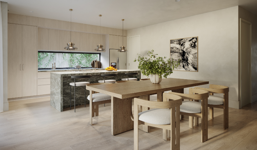 Wabi-Sabi open-plan dining room render with pale timber cabinetry, verde marble kitchen island, sculptural solid-wood dining table, and slot window by MR Rendering Studio