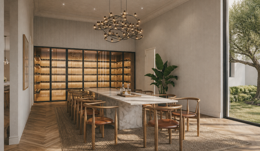 Private dining room render with long marble communal table, backlit wine wall behind glass, molecular chandelier, and herringbone timber floor by MR Rendering Studio