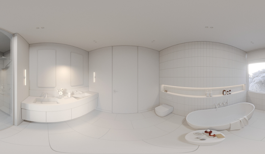 3D bathroom rendering model showing bathroom layout, fixtures, vanity, and shower enclosure
