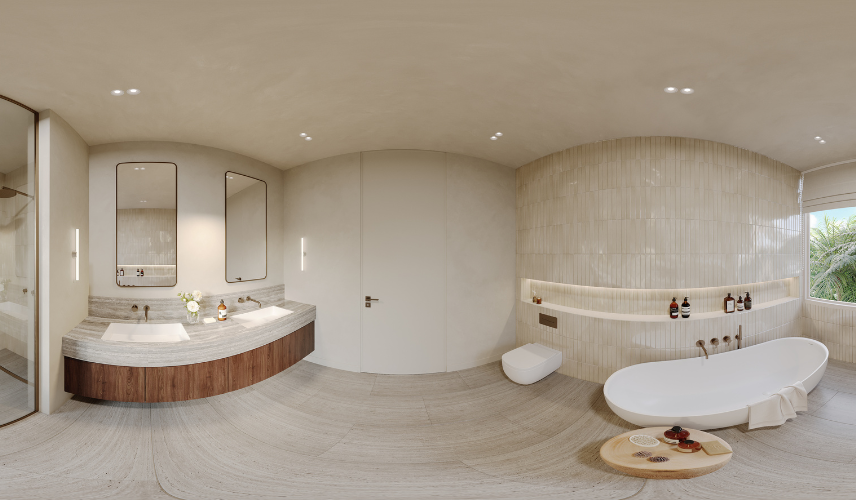 3D bathroom rendering showcasing realistic marble textures, ceramic tiles, and premium bathroom finishes