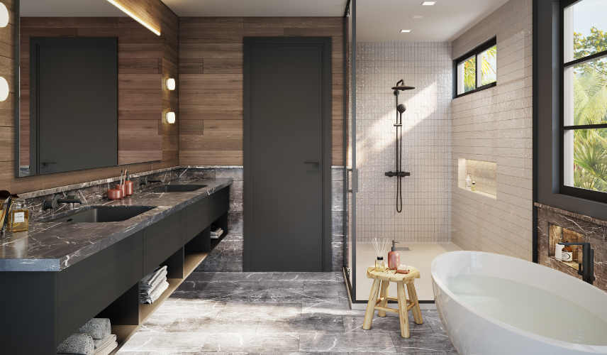 Professional 3D bathroom rendering created by MR Rendering with photorealistic materials and lighting